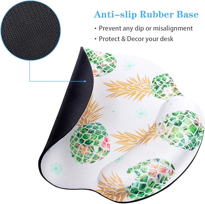 WAVEYU Pineapple Mouse Pad with Wrist Support, Cute Designed Mouse Mat with Wrist Rest for Women Girls, Comfortable Non-Slip Rubber Base Mousepad for Laptop, Computer, 9'' x 10'', Green Pineapple