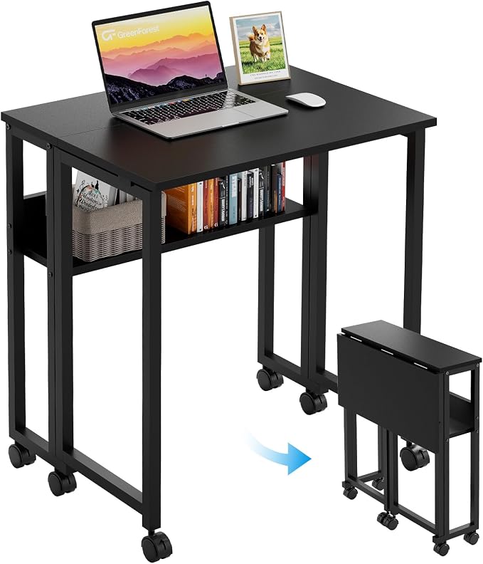 GreenForest Folding Desk with Wheels, 31.5" Rolling Table for Small Spaces | Storage Shelf, Lockable Casters, Compact Portable Workstation, Space-Saving Foldable Sofa Table, Home Office, Mobile, Black