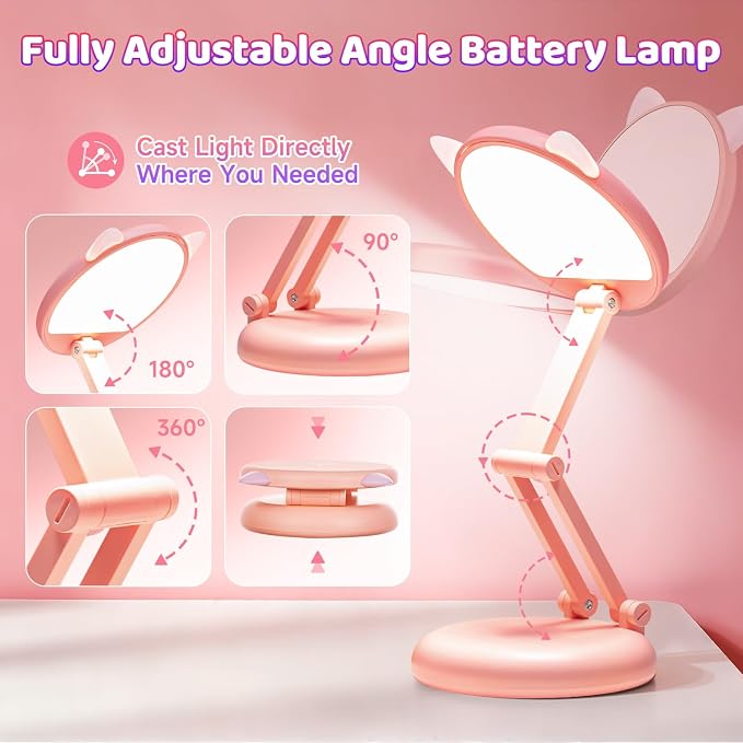 One Fire Cute Desk Lamp Pink Dorm Lamps for College Girls Foldable Portable Rechargeable Dimmable Cute Cat Lamp Kawaii Room Decor,College Dorm Decor for Girls Pink Classroom Essentials