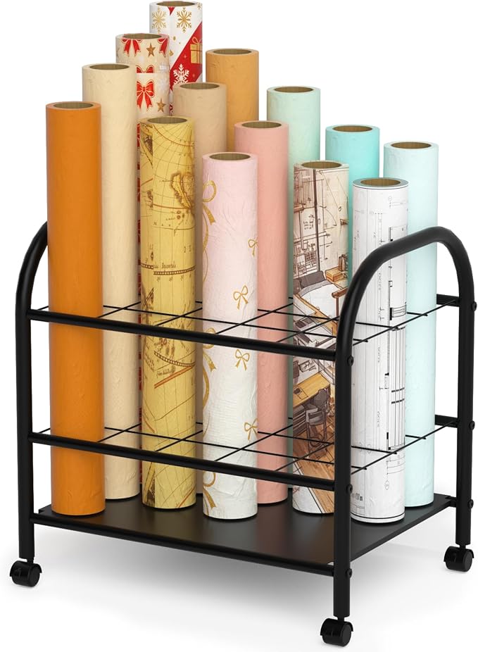 Blueprint Storage Holder with Wheels – 20-Slot Metal Roll File Rack with Silent Casters & Brakes for Blueprints, Wrapping Paper, Posters, Maps – Mobile File Cart for Office & Home (Black)