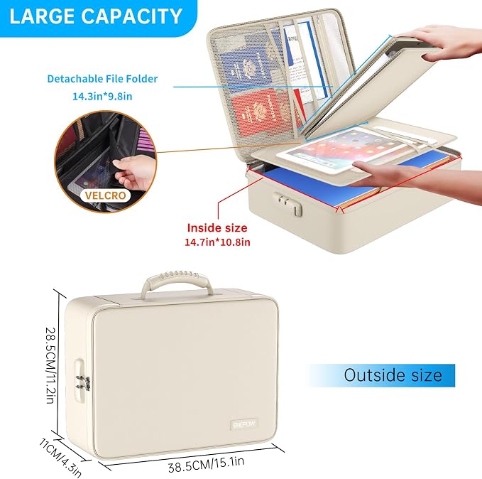 ENGPOW Fireproof File Organizer Bag with 13 Pockets Accordion File Folder | 5200℉ Document Organizer Box with Lock & Labels, Multi-Layer, Portable Home Safe Storage for Important Documents, Beige