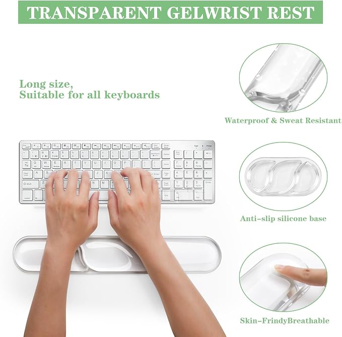 Gel Wrist Rest for Keyboard and Mouse Pad Set | Clear Gel Mouse Pad Wrist Rest, Non-Slip PU Base, Easy Typing, Pain Relief, Cute Desk Wrist Cushion for Office Home（02White）