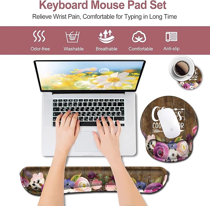 Mouse Pad Wrist Guard and Keyboard Wrist Rest ,Office Desk Accessories, Office Decor for Women, Office Gifts, Desk Decor, Chaos Coordinator Quotes Vintage Watercolor Floral Mouse Pad