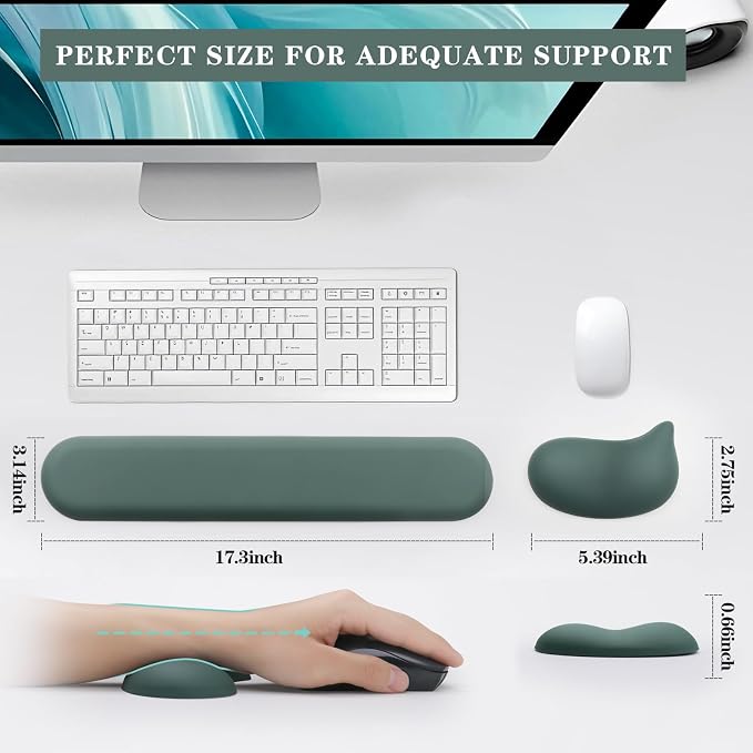 Ergonomic Wrist Rest for Computer Keyboard and Mouse Set with Wrist Support | Leather Memory Foam Mouse Pad Rests for Pain Relief, Non-Slip, Desk Wrist Pad for Office Home (Green)