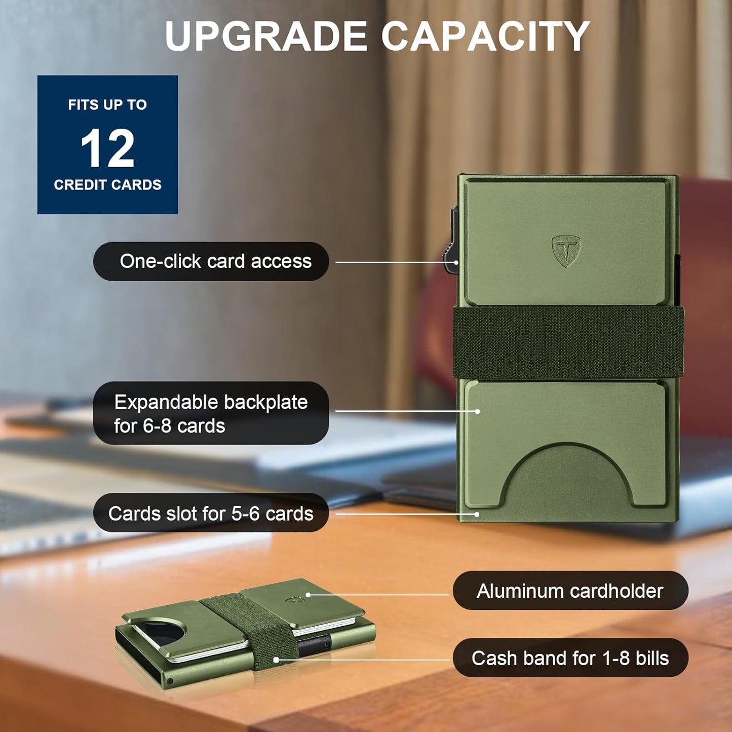 Slim Card Wallet,Minimalist Metal Wallets Pop Up Quick Access Card Holder for Men RFID Blocking Protection 12+ Card Capacity Expandable Backplate & Cash Band for Breast/Back/Front Pocket,Green