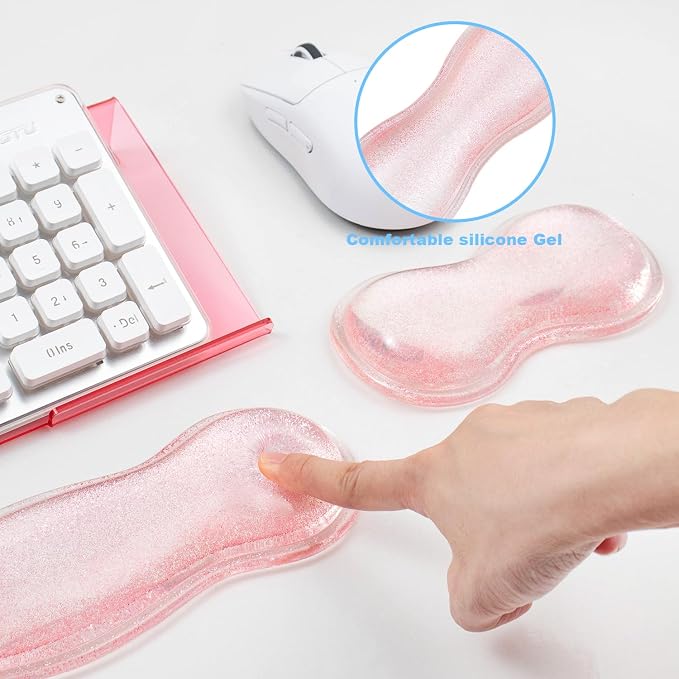 Pink Acrylic Ergonomic Keyboard Stand with Clear Gel Wrist Rest | for Desktop Clear Keyboard Holder with Soft Wrist Support, Aesthetic Desk Accessories for Office, Gaming & Home