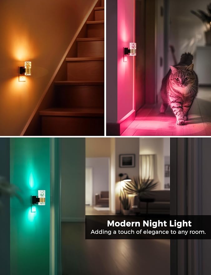 Night Lights Plug into wall, Color Changing Night Light with Rotatable Plug, Dusk to Dawn Light Sensor and Adjustable Brightness, Elegant Design Night Light for Kids Bedroom,Bathroom, 2 Pack