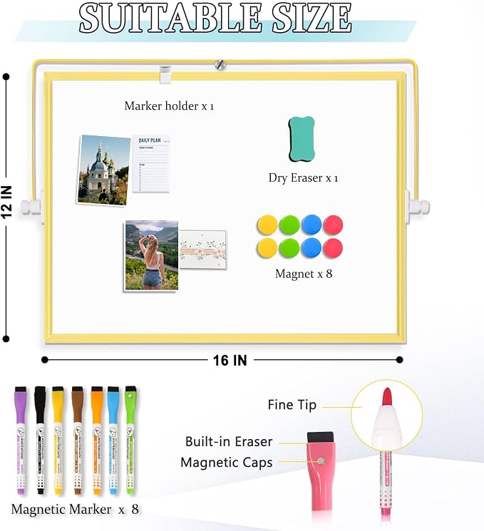 Double-Sided Magnetic White Board with Stand, 16" x 12" (Gold) | Dry Erase Board with Stand, Desktop Whiteboard Easel , Portable Small White board dry erase for Drawing, Office, Home