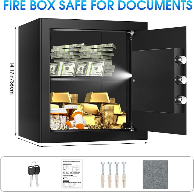2.0 Cuft Security Safes for Home Use Fire and Water Proof, Steel Safe Box for Home with Combination Lock, Alarm System and Removable Shelf, Anti-theft Fireproof Lock Box for Money, Documents