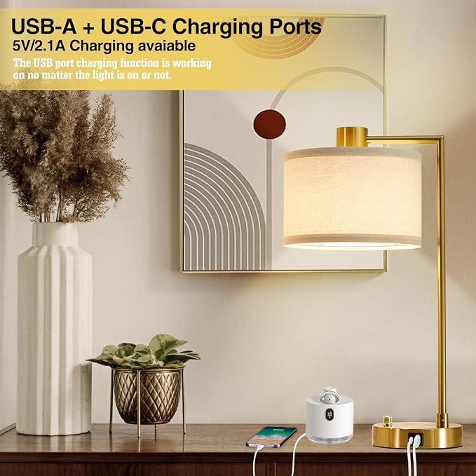 Luvkczc Table Lamp for Bedroom Set of 2 with USB C+A Ports, Fully Stepless Dimmable Bedside Lamp with Linen Lampshade, Nightstand Lamp for Living Room Reading Office, 2 LED Bulbs Included (Gold)
