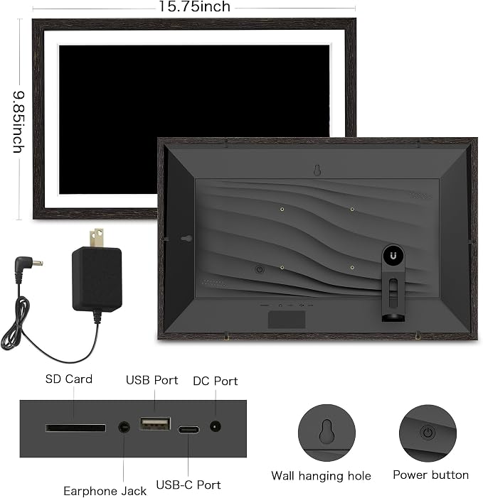 Digital Picture Frame, 15.6 Inch Frameo Digital Frame WiFi, 1920 * 1080 IPS FHD Touchscreen, 32GB, Tabletop&Wall-Mounted, Share Picture Video, Large Electric Photo Frame, Mom Gifts, Black Woodgrain