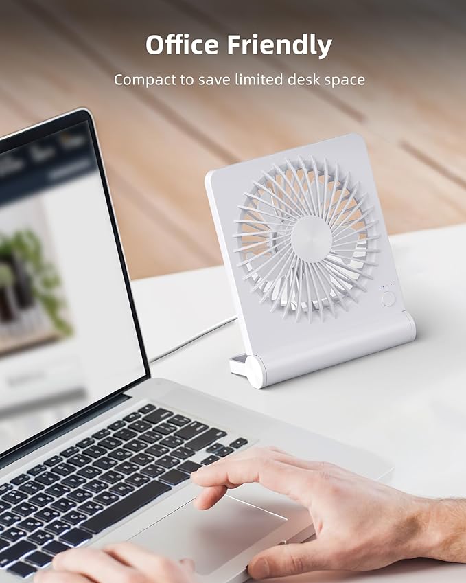 Koonie USB Desk Fan, Strong Wind Ultra Quiet Small Mini Fan | 220° Tilt Folding & 3 Speeds Adjustable, USB-C Powered Personal Fan for Home Office Desktop, White, NO BATTERY