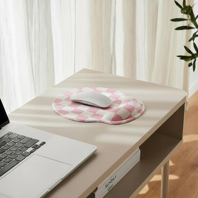 Ohocut Pink Checkered Mouse Pad with Gel Wrist Rest, Wrist Support, Ergonomic Desk Accessories for Girls Women, Office Laptop Gaming Decor, Cute Aesthetic Trendy Check Design