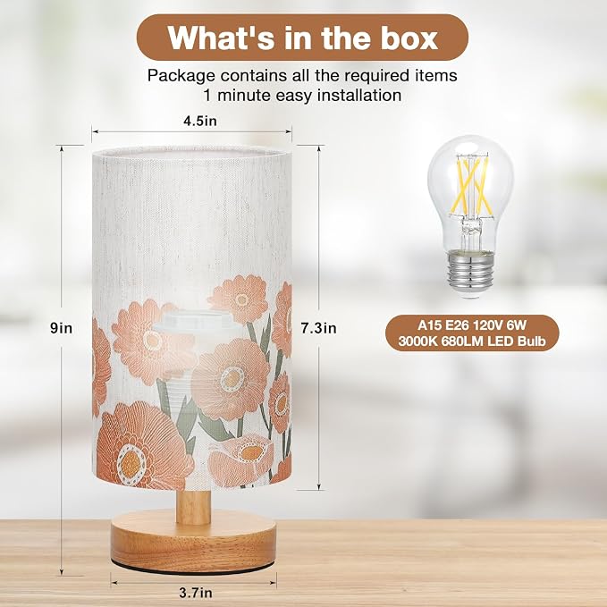 Small Table Lamps (Sunflower Cream Shade, 9" Inline Control) | 3000K LED Blub Included | 680 Lumens | Easy Assembly | Minimalist Design | E26 | for Kitchen | for Kids Room