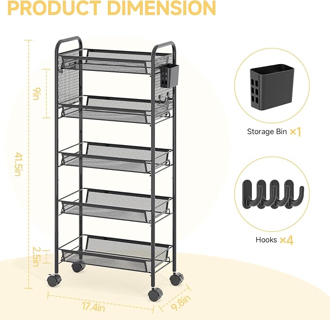 KINGRACK 5 Tier Rolling Cart, Metal Utility Storage Cart with Pegboard | Screwless Assembly, Lockable Wheels, 4 Hooks & 1 Bin, Mobile Organizer for Bathroom Kitchen Office Craft Room Laundry, Black