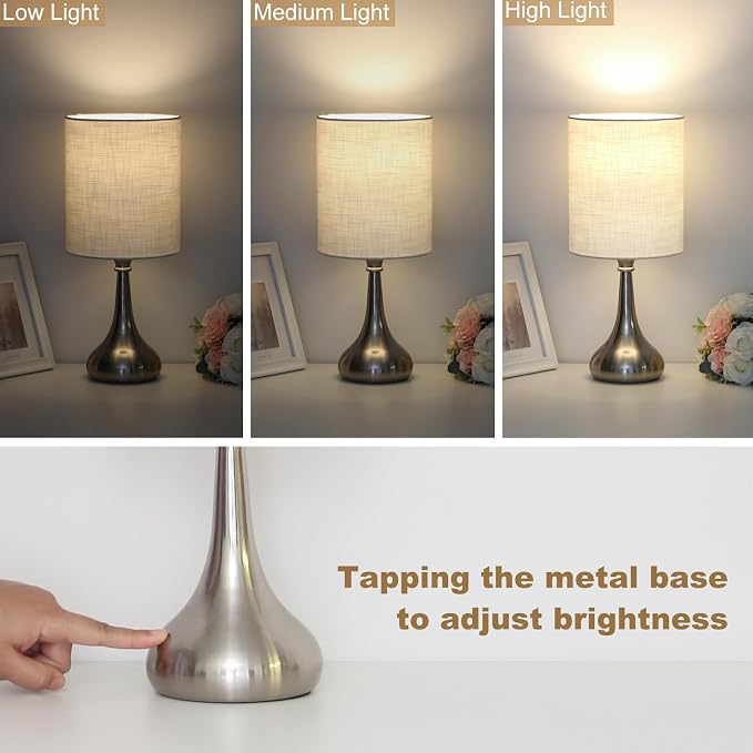 Touch Control Table Lamp, 3 Way Dimmable Simple Night Light Lamp with White Lampshade Silver Metal Base, Small Bedside Table Lamp for Bedroom, Office, Dorm, A19 9W 3000K Bulb Included