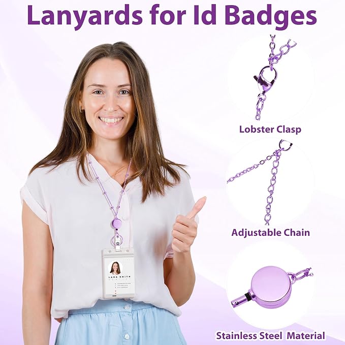 Lanyards for Id Badges Stainless Steel Badge Lanyards with 2 Pcs Waterproof Id Badge Holder Retractable Id Badge Lanyards Teacher Lanyard for Cruise Ship Key Cards Id Badges (Purple)