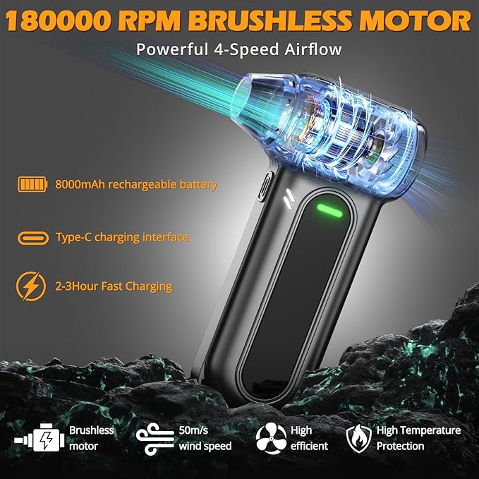 Electric Air Duster Cleaning Tools -180000RPM Super Power Cordless Air Duster, Rechargeable Brushless Motor Durable Blower, 4-Gear Adjustable Dust Blower for Computer, Keyboard and Car