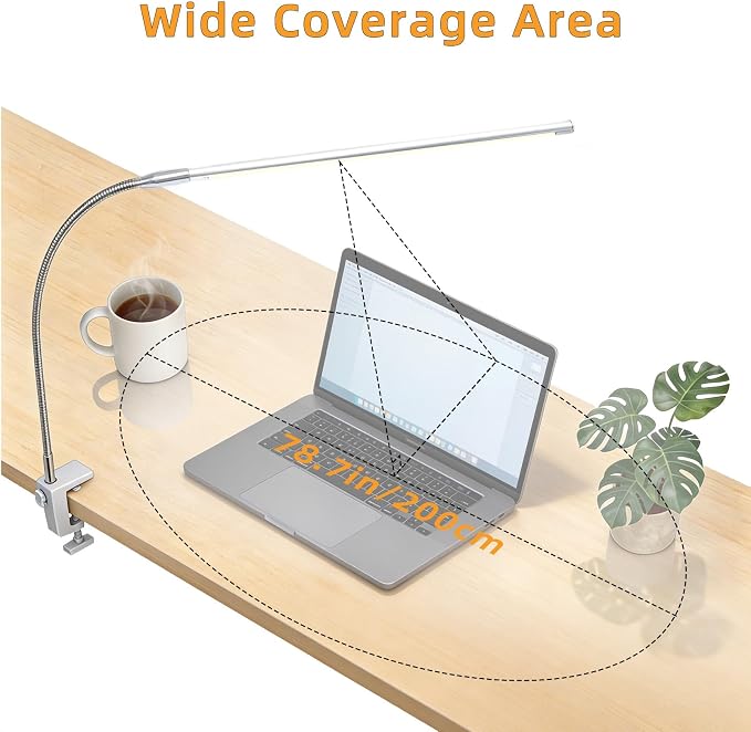 Space Aluminum LED Desk Lamp with Clamp Reading Study Desk Light | Clip on Light for 3 Modes 10 Brightness Flexible Gooseneck with USB Adapter Table Lamp for Home Office Computer Nail Work