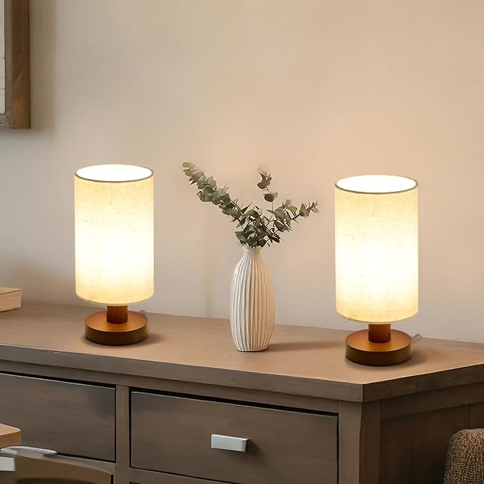 Bedside Lamps Set of 2, Bamboo Small Table Lamp for Nightstand | 10'' Minimalist Nightstand Lamps for Bedroom, Modern Desk Lamp for Living Room, E26, Walunt, Linen Shade