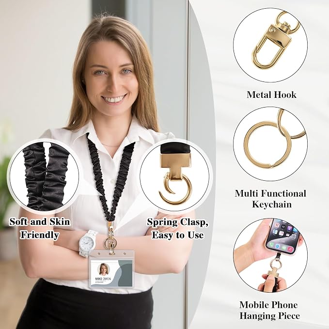 Prudiut Scrunchie Lanyard for Id Badges, Teacher Gifts Lanyards Black Stretchy Scrunchie Lanyard with Id Holder for Women