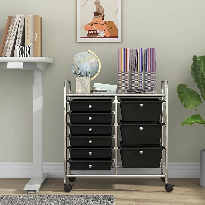 COSTWAY Rolling Storage Cart with 9 Drawer, Utility Cart with Metal Frame | Mobile Art Supply Craft Organizer, Multipurpose Storage Organizer for Paper, Office, School Teacher, Classroom, Black