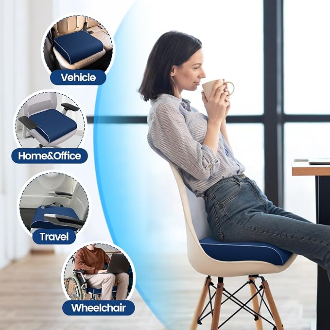 SweetSlubr Seat Cushion for Tailbone Pain Relief, Office Chair Cushion, Memory Foam Large Chair Pad with Non-Slip Cover for Soft Support at Office Chair, Car Seat, Airplane Dark Blue/X-Large