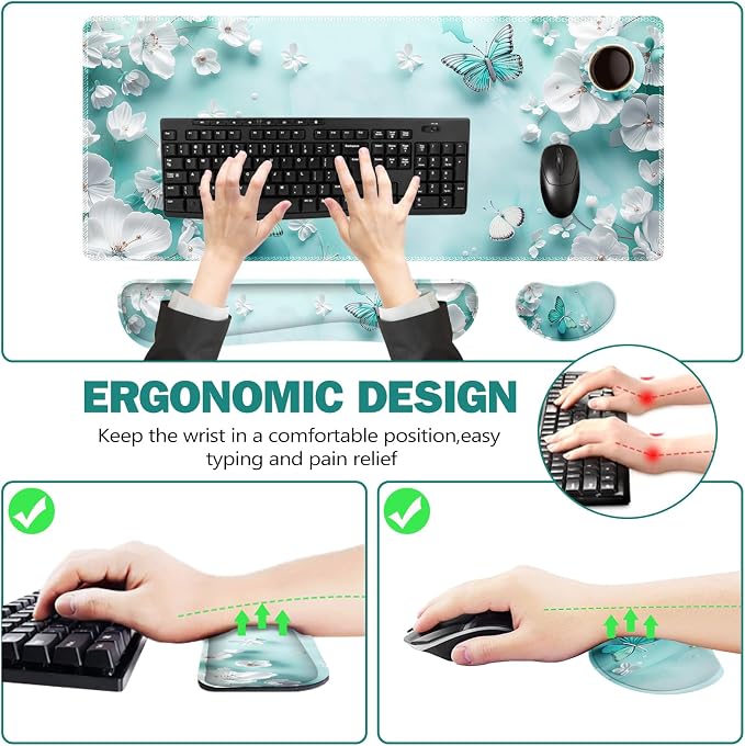 ToLuLu Large Mouse Pad Desk Pad, Wrist Rest Desk Mat for Keyboard and Mouse | 4PCS 35.4”x15.7" XXL Giant Mouse Pad, Non-Slip Base Stitched Edges Mousepad for Home Office, Teal Butterfly