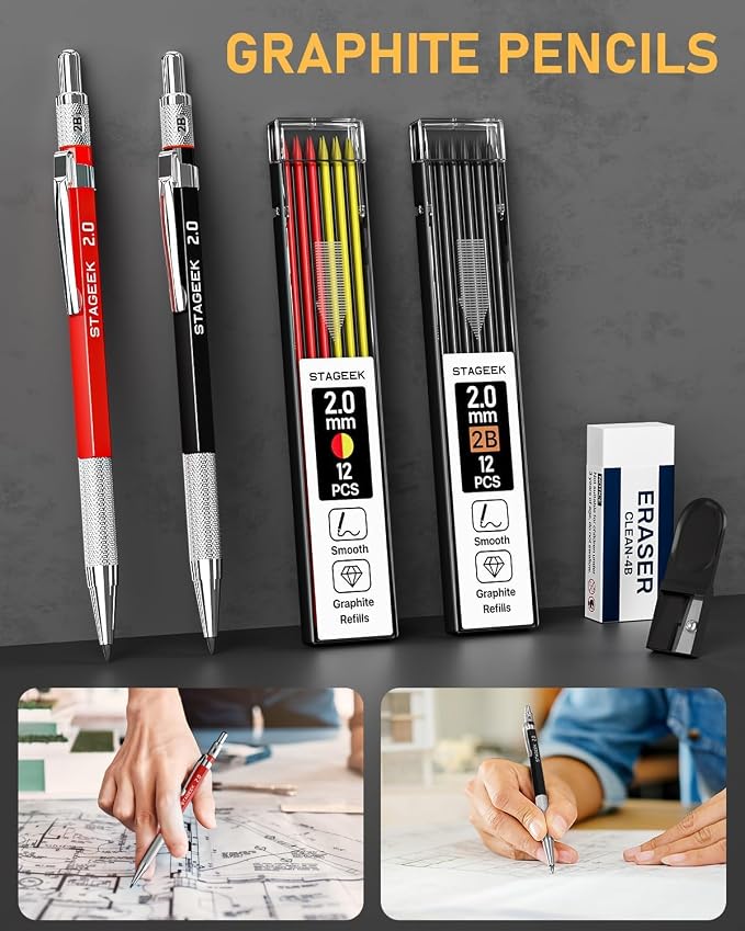 STAGEEK 17 Pack Carpenter Pencil Set with Sharpener | Construction Pencil Set with Deep Hole Long-Nib Markers , Woodworking Tool & Carpenter Pencils for Architect, DIY with Case