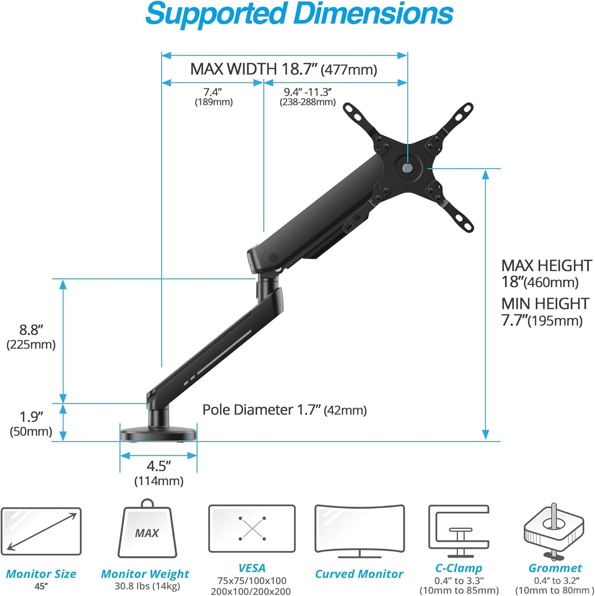AVLT Single 27”-45” RGB Gaming Monitor Arm Desk Mount Built-in 20 Lighting Modes Touch Button Control Fits Flat/Curved/Ultrawide Screen Height Swivel Tilt Rotation Adjustable Stand -Black