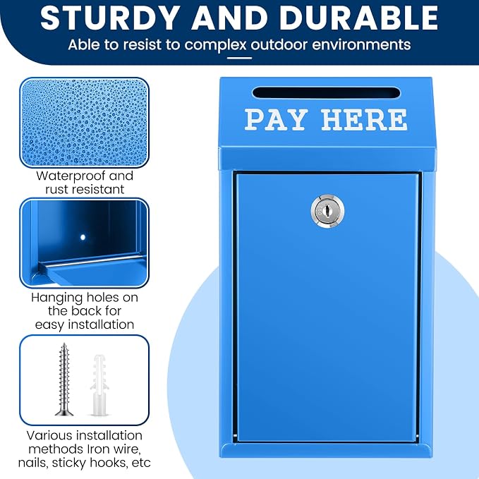 Yaocom Safe Metal Cash Box for Farm Stand – Money Drop and Secure Donation Collection, Wall Mount Lockable Unit with Pre Drilled Holes for Outdoor Self Serve(Blue,10.2 x 5.7 x 2.8 Inch)