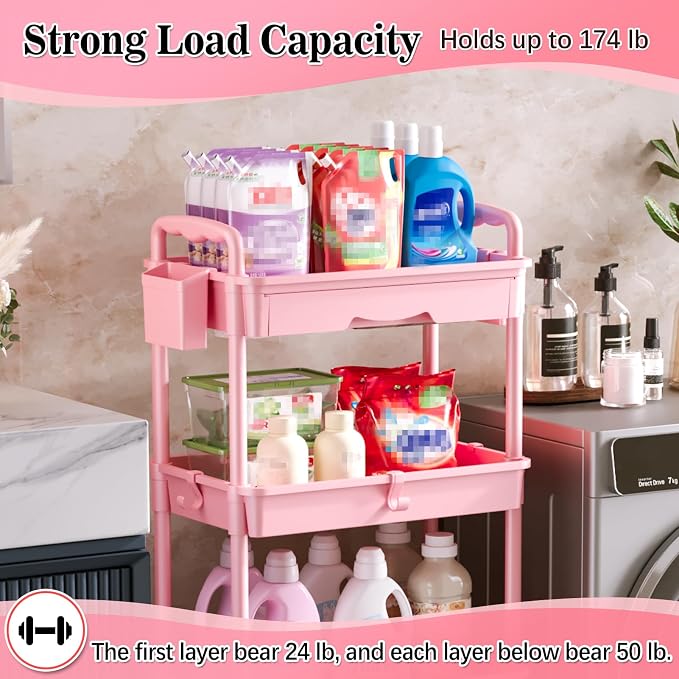 SUNALLY 4 Tier Rolling Cart with Drawer, Craft Storage Cart Organizer, Pink | Bathroom Storage Organizer with 2 Lockable Wheels, Rolling Utility Cart for Kitchen, Office, Baby, Makeup, Nail,Snack,Laundry