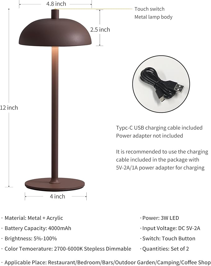 12" Cordless Table Lamps Set of 2, Brown Modern Portable Desk Lamp | LED, 3 Color Dimming, Rechargeable, Battery Operated Lights for Bedroom, Outdoor, Restaurant, Bedside, Night Light, Gifts