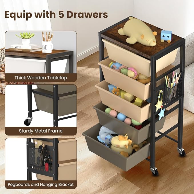 Rolling Cart with 5 Drawers, Plastic Drawer Storage Carts with Wheels & Wooden Tabletop, Metal Utility Cart with Pegboards, Office Living Room Classroom Craft Organization and Storage, Dark Brown