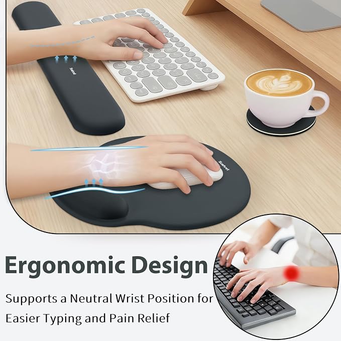 Mouse Pad and Keyboard Wrist Rest, 3-in-1 Gel Memory Foam Ergonomic Mouse Pad with Wrist Rest Set, Gaming Mousepad Arm Cushion Support for Computer Office Desk Accessories Cute Setup, Charcoal