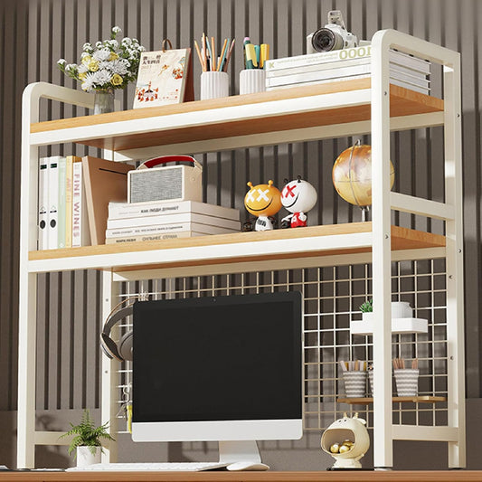 2-Tier Desktop Hutch Bookshelf Metal Desk Shelf Dorm Bookcase for Computer Desk Countertop Storage Organizer Display Rack for Office Home (White, 37.4in)