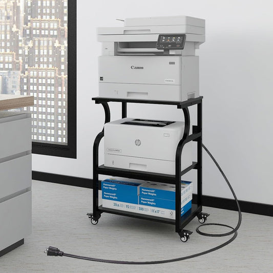 Natwind Large Printer Stand,24''x20''x29''Printer Table with Adjustable Storage Shelf,3 Tier Rolling Printer Cart with Wheels,Home Office Multifunctional Shelves for Heat Press,3D Printer (Black)