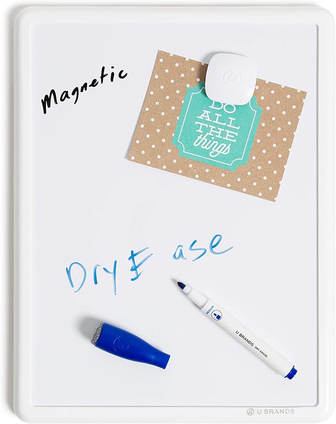U Brands Contempo Magnetic Small Whiteboard, 8.5” x 11”, White Modern Frame, Mini White Board for Students, Fridge and Locker Dry Erase Board, Includes 4 Markers & Magnet