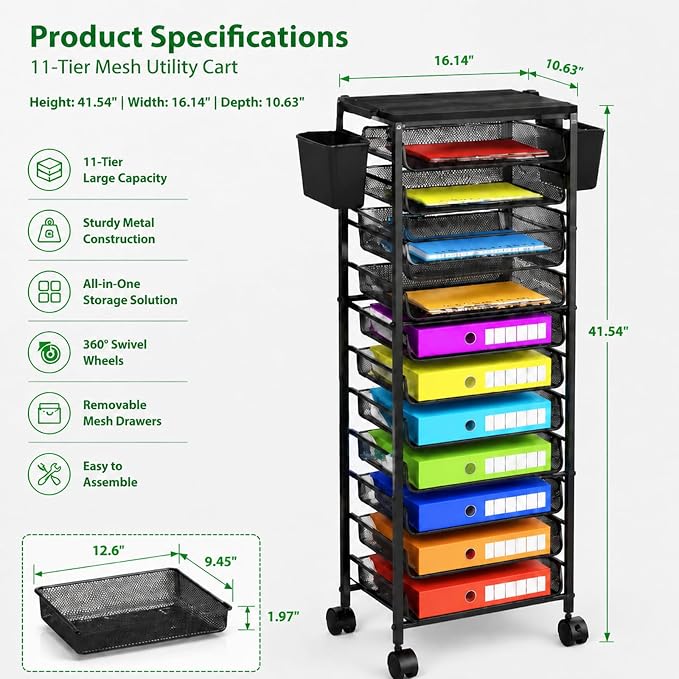 Ekisemio 11-Tier Rolling File Cart, Mobile Desk-Side Organizer with Top Shelf and Side Baskets, Wire Storage Rack for Letter Folders, Home Office & School, Black