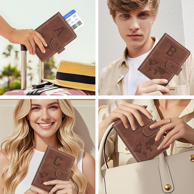 Passport Holder Wallet Cover Personalized Initial Travel Essentials | Embossed Letter A-Z Design, Travel Wallets, RFID Blocking, Passport Book Holders, Women Men, Personalized Gifts, Brown-B