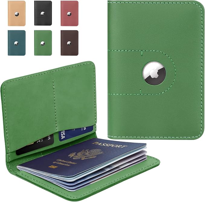 ALLIVE Passport Holder for Travel, Genuine Leather Passport Holder with AirTag Slot for Women and Men, Passport Cover Wallet Travel Must Haves Airport Essentials,Travel Gifts, Green