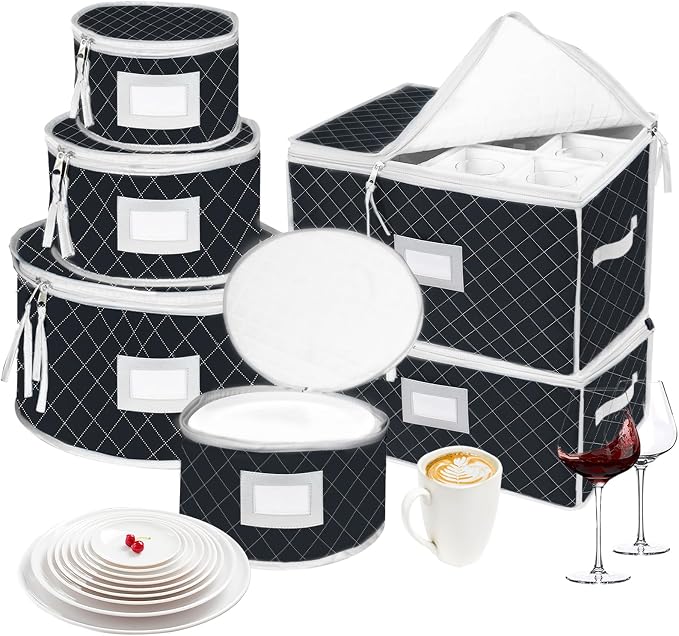 China Dinnerware Storage Containers Set- Dish,Mug,Stemware Storage Cases - Quilted Box Bins Stackable with Divider,handles,Clear Window for Cups,Plates,Wine Glasses Moving Set of 6 (Black)