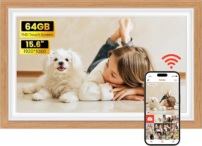 64GB Frameo 15.6" Digital Picture Frame Large 1920 x 1080 IPS FHD Touch Screen WiFi Electronic Photo Frames Share Moments Instantly Anywhere Best Gifts for Parents and Grandparents Natural Wood