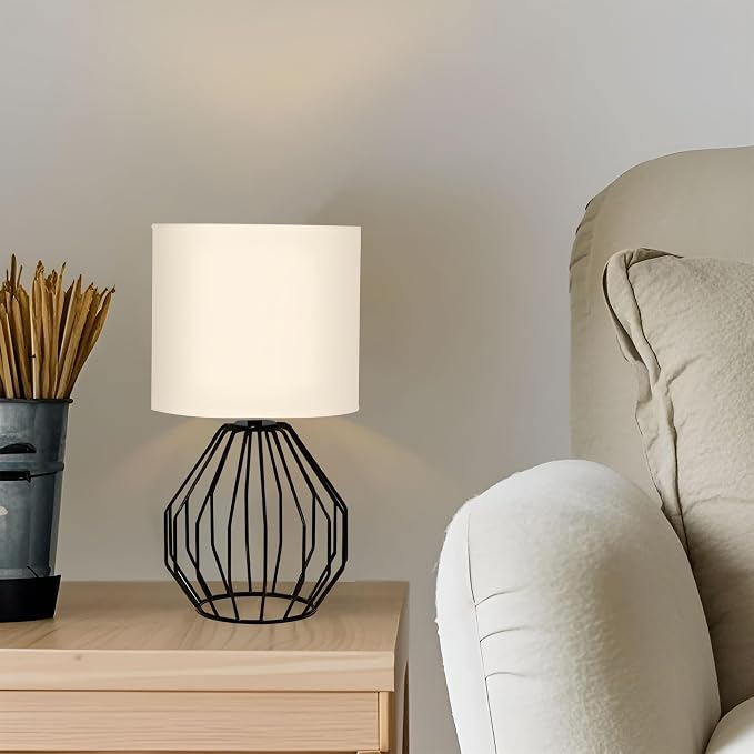 Small Table Lamp Black, Modern Minimalist Desk Lamp with Metal Base White Fabric Shade, Bedside Nightsand Table Lamp for Bedroom, Living Room, Kids Room