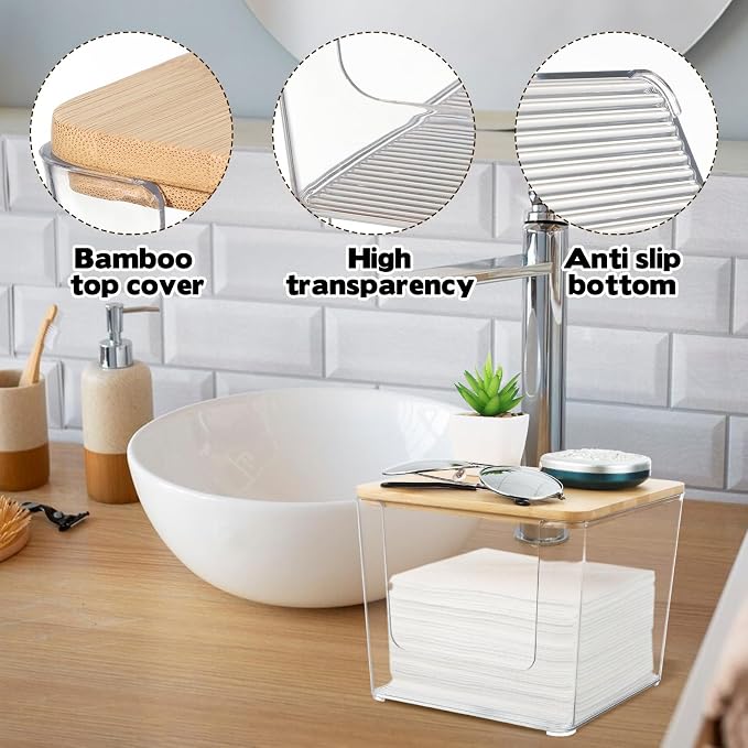 Rainmae Disposable Face Towel Holder, Acrylic Facial Towels Storage Box for XL Clean Skin Club, Upgrade Large Tissue Holder with Bamboo Lid Towel Organizer Container for Bathroom Vanity Countertop