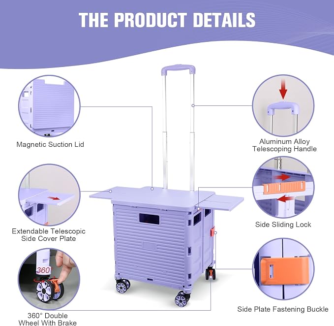 FELICON SELORSS Folding Utility Cart Portable Rolling Crate Handcart-Purple | Magnetic Sliding Lid,Telescoping Handle,Plastic Box Dolly,360°Swivel Wheels for Travel Shop Move Laundry Office Teacher Use