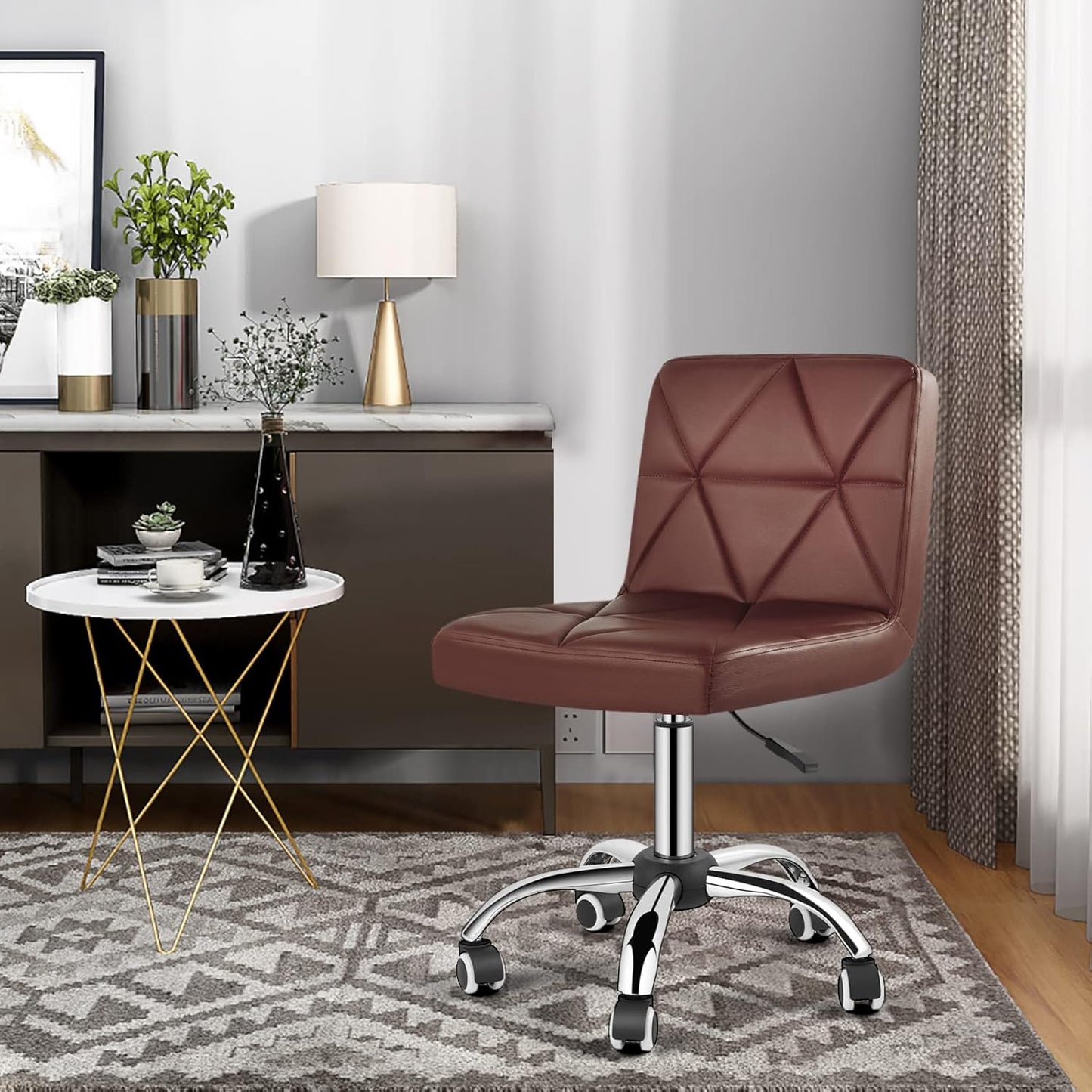 COSVALVE Armless Desk Chair, Mid Back 360 Swivel Office Chair, Height Adjustable Executive Conference Task Chair with Rolling Wheels and Diamond Pattern for Home Bedroom Computer Barber, Brown