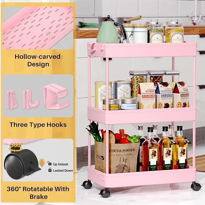 SPACEKEEPER 3 Tier Rolling Cart, Bathroom Cart Organizer with Wheels, Pink | Mobile Storage Cart for Laundry Room Organization,Kitchen,Office,Bathroom, Utility Cart for Snack,Craft,Art,Makeup,Nail,Toys