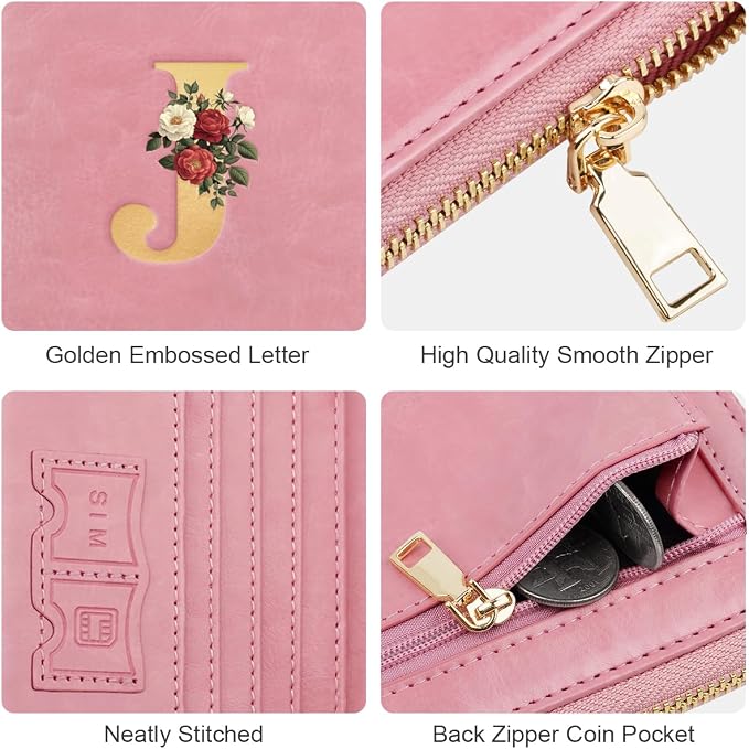 Passport Holder for Travel Personalized Wallet with Wristlet Women | All-in-One Passport Cover, RFID Blocking, Back Coin Pocket, Paper Money Slot, Zipper Closure, Roses Initial Letter, Pink J