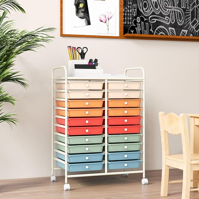 RELAX4LIFE 20 Drawer Rolling Storage Cart, Mobile Rolling Cart w/Drawers for School Classroom Teacher Office Home Salon, Paper File Art Supply Craft Organizer, Utility Cart on Wheels (Macaron)
